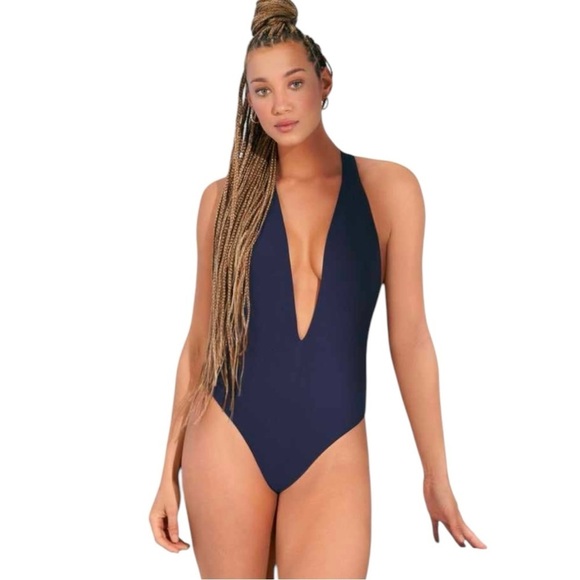 New! Maaji Reversible Cheeky Cut Plunge One Piece - Indigo Blue Tiky‎ - Picture 2 of 9